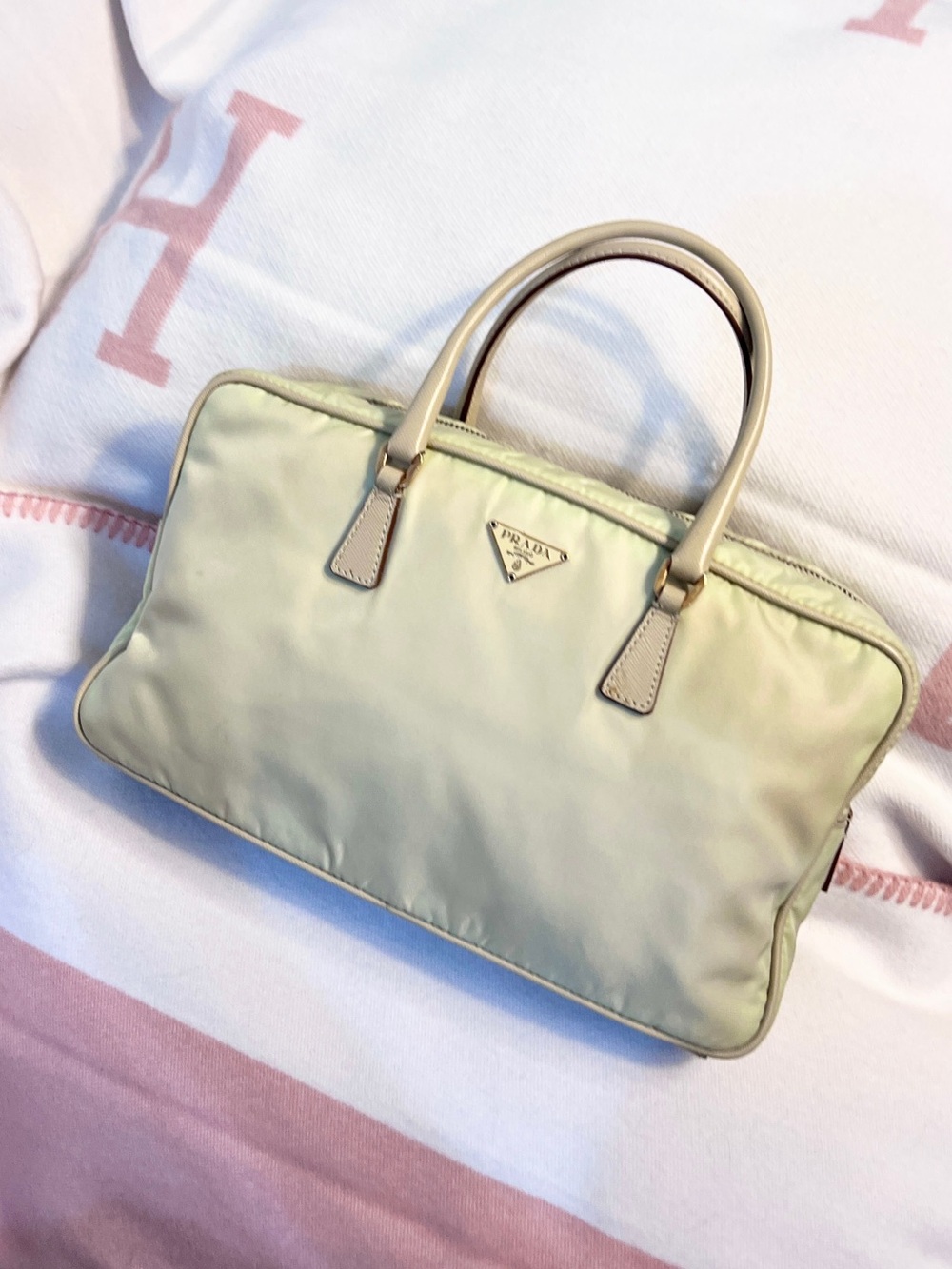 Prada⭐️Authentic Pale Yellow Nylon Top-Handle Gold hardware Hobo Bag